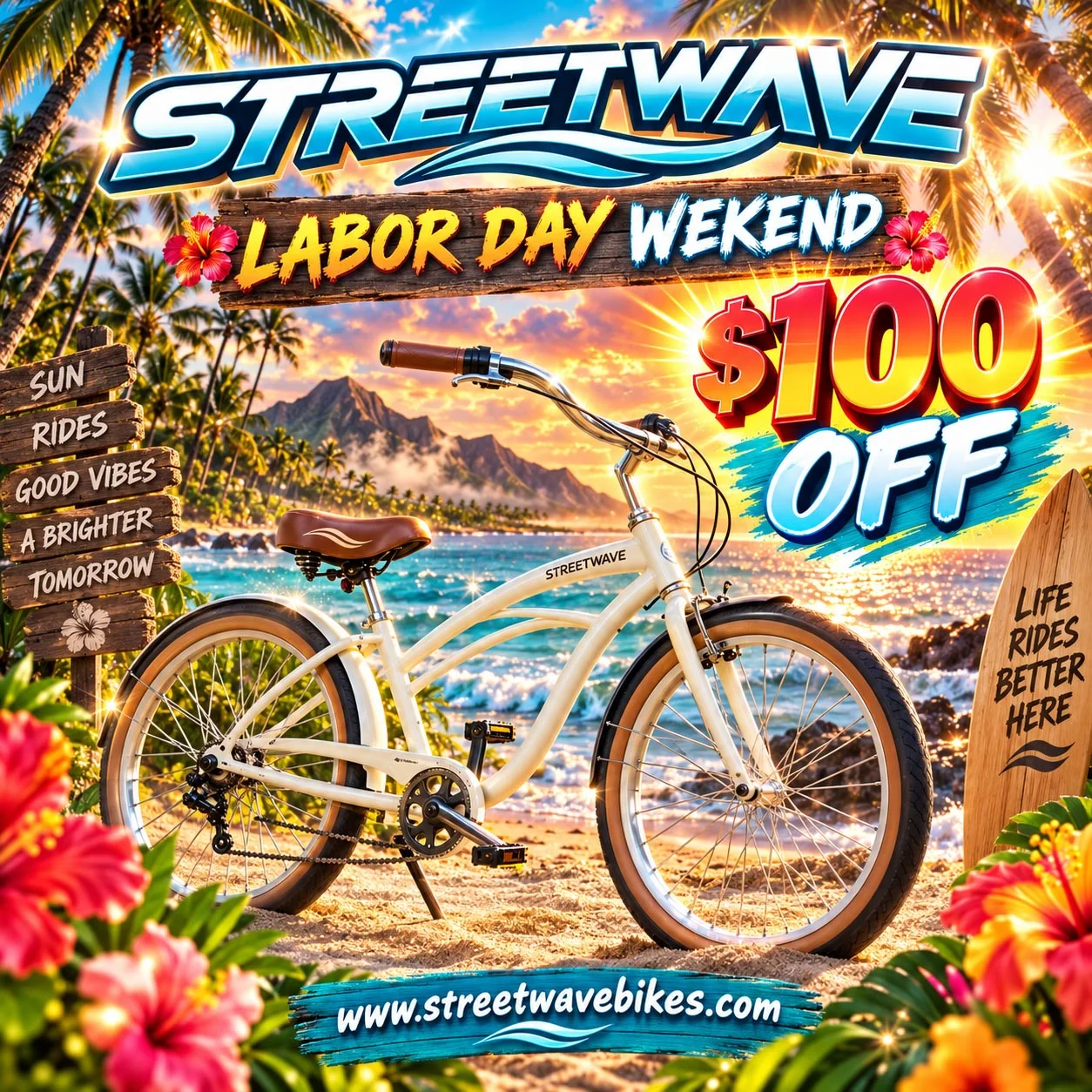 A deliberately cluttered StreetWave bicycle advertisement with an oversaturated Hawaiian sunset, excessive flowers, competing typography, glowing effects, and weak visual hierarchy.