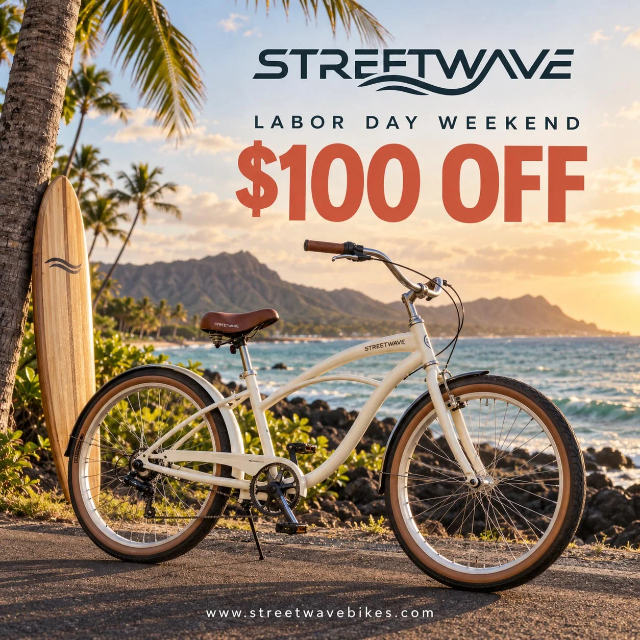StreetWave Labor Day advertisement featuring a cream beach-cruiser bicycle beside the Hawaiian coast with a prominent $100-off offer.